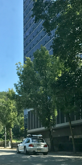 Clownshoe next to a tall building.